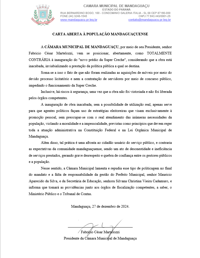 CARTA ABERTA À POPULAÇÃO MANDAGUAÇUENSE